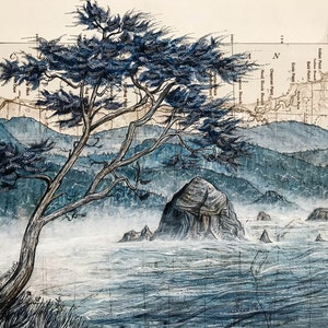 May include: A watercolor painting of a coastal scene with a lone tree in the foreground. The tree is silhouetted against a misty background of mountains and a rocky coastline. The water is a deep blue and the sky is a light blue. The painting is done in a realistic style and has a calming and peaceful feel.