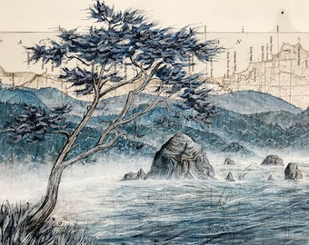 May include: A watercolour painting depicting a coastal scene with a solitary tree in the foreground. The tree is silhouetted against a misty backdrop of mountains and a rocky coastline. The water is a deep blue and the sky is a light blue. The painting is executed in a realistic style and conveys a sense of calm and peace.