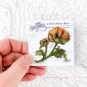 California Poppy Wildflower Enamel Pin, Eschscholzia californica flower hard enamel gold pin, hiker backpacker pin, mountain wilderness image 3