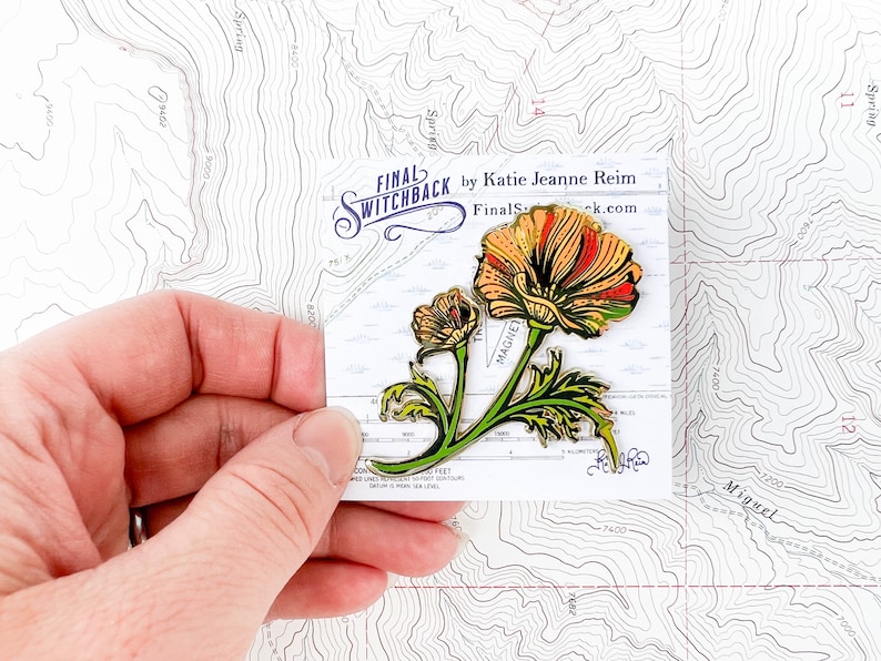 California Poppy Wildflower Enamel Pin, Eschscholzia californica flower hard enamel gold pin, hiker backpacker pin, mountain wilderness image 3