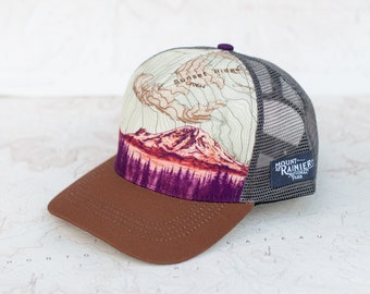 Mount Rainier Sunset Mountain Trucker Hat, Semi Round brim hat, national park hat, trail running trucker hat, outdoor hiking hat pink