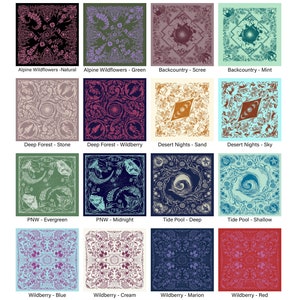 May include: A set of 16 bandana designs featuring various nature-inspired themes, including alpine wildflowers, deep forest, desert nights, tide pools, and wildberries. Each design is presented on a different coloured background, such as natural, green, scree, mint, stone, wildberry, sand, sky, evergreen, midnight, deep, shallow, blue, cream, marion, and red.