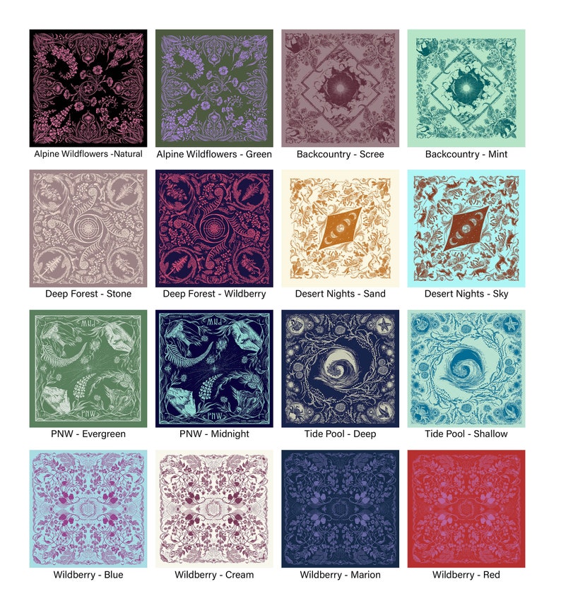May include: A set of 16 bandana designs featuring various nature-inspired themes, including alpine wildflowers, deep forest, desert nights, tide pools, and wildberries. Each design is presented on a different coloured background, such as natural, green, scree, mint, stone, wildberry, sand, sky, evergreen, midnight, deep, shallow, blue, cream, marion, and red.