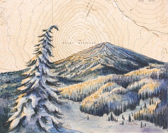 Mt. Bachelor art, Mount Bachelor painting mountain illustration, Oregon ski snowboard print, Dechutes wilderness mountain art topo Bend art