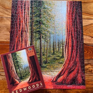 May include: A completed 500-piece jigsaw puzzle depicting a redwood forest scene, with towering trees and a path leading into the distance. The puzzle is next to its box, which also shows the forest scene and the word "Redwoods".