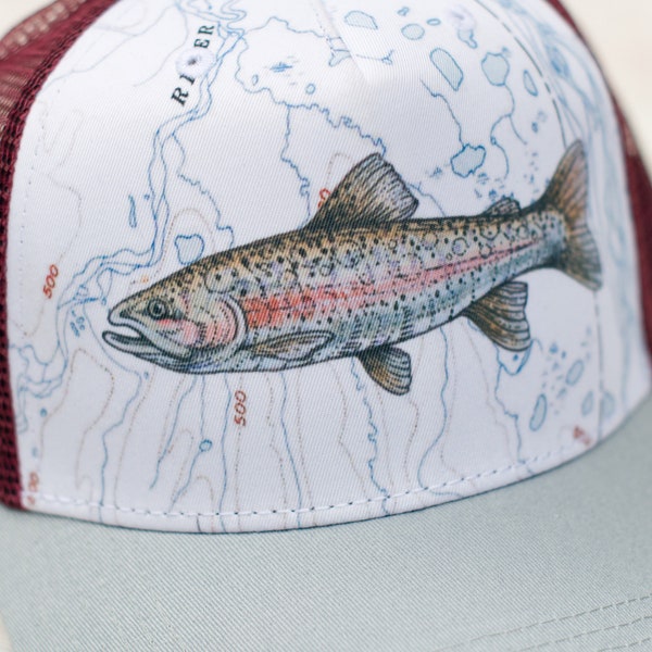 Rainbow Trout Trucker Hat, Fishing Trucker Hat, Fisherman flat brim mesh hat, flat hat