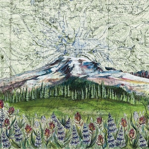 Mt Rainier Wildflowers, Mount Rainier art painting print Mountain illustration, Washington mountain print, wilderness mountain art map art