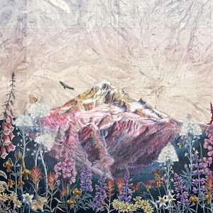 May include: A colorful illustration of a mountain landscape with a detailed map background. The foreground features a variety of wildflowers in shades of pink, purple, yellow, and white. A bird is flying near the mountain peak.