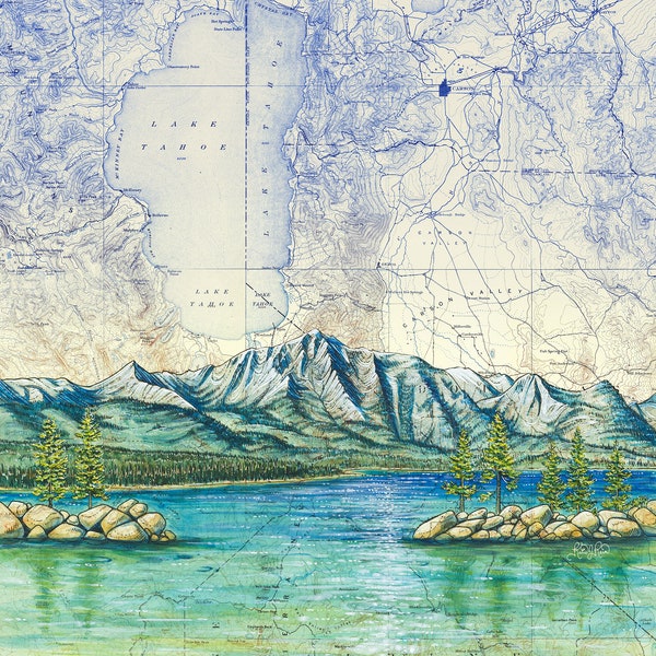 Impresión artística del lago Tahoe: mapa topográfico vintage, pintura de montañas