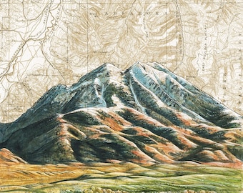 Emigrant Peak Painting Print: Montana Mountain Art on Vintage Topography Map