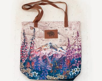 Mt Hood Summer Zippered Tote Bag with Leather Straps