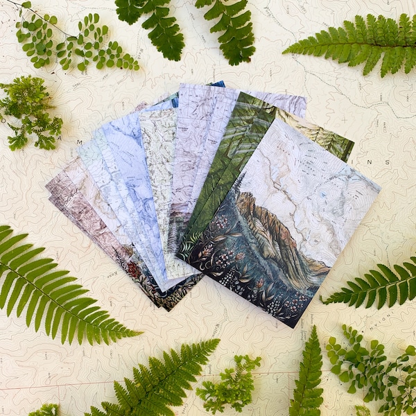 Custom mixed pack greeting cards, National Park mountain card, Washington Oregon Cascades mountain card, hiking map art, nature blank card