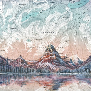 Glacier National Park Art, Two Medicine Lake Glacier NP painting, Montana painting print illustration Montana mountain print, hiker sunset