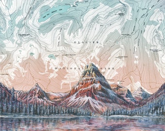 Glacier National Park Art, Two Medicine Lake Glacier NP painting, Montana painting print illustration Montana mountain print, hiker sunset