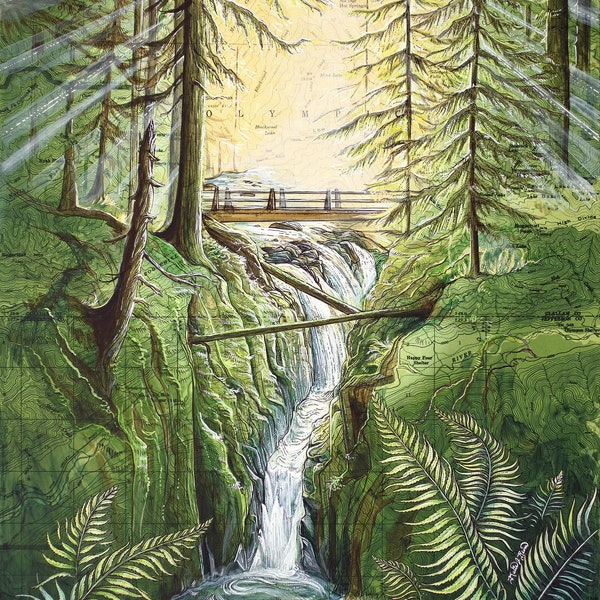 Sol Duc Falls Olympic National Park painting print, Hoh Rainforest, Washington rainforest print, PNW art,