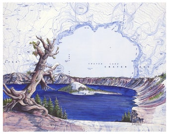 Crater Lake art, Crater Lake painting mountain illustration, Oregon National Park wilderness mountain art topo map art