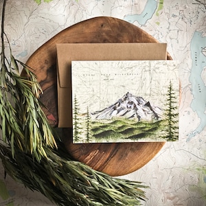 Mt Hood Wilderness Greeting Card, Mount Hood painting Mountain illustration, Oregon mountain, print art topo map art, blank card
