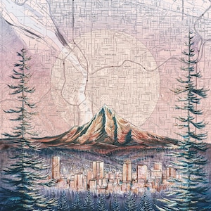 May include: A watercolor painting of a mountain range with a city skyline in the foreground. The city is depicted in shades of gray and brown, while the mountain range is painted in shades of brown, orange, and red. The painting is set against a backdrop of a vintage map of Portland, Oregon.