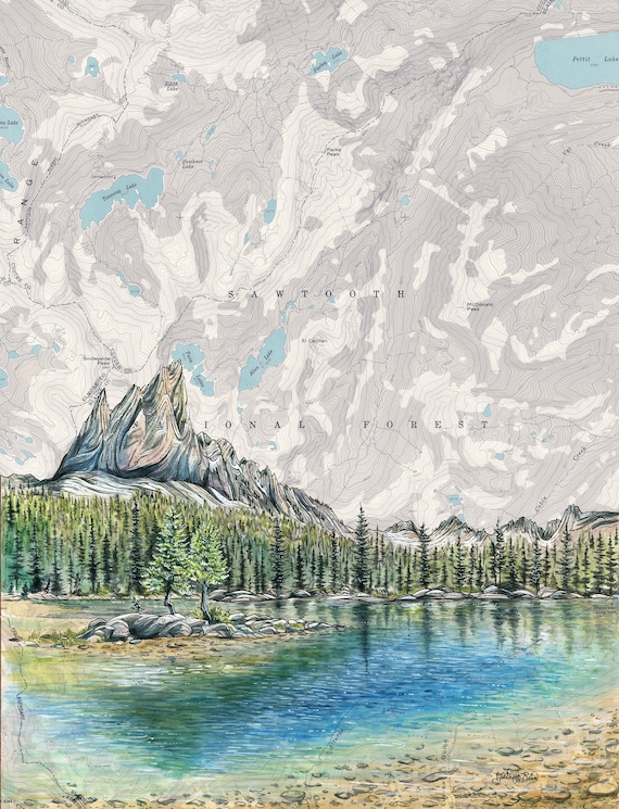 Sawtooth Mountains Art Print: Alice Lake Topography Map Painting