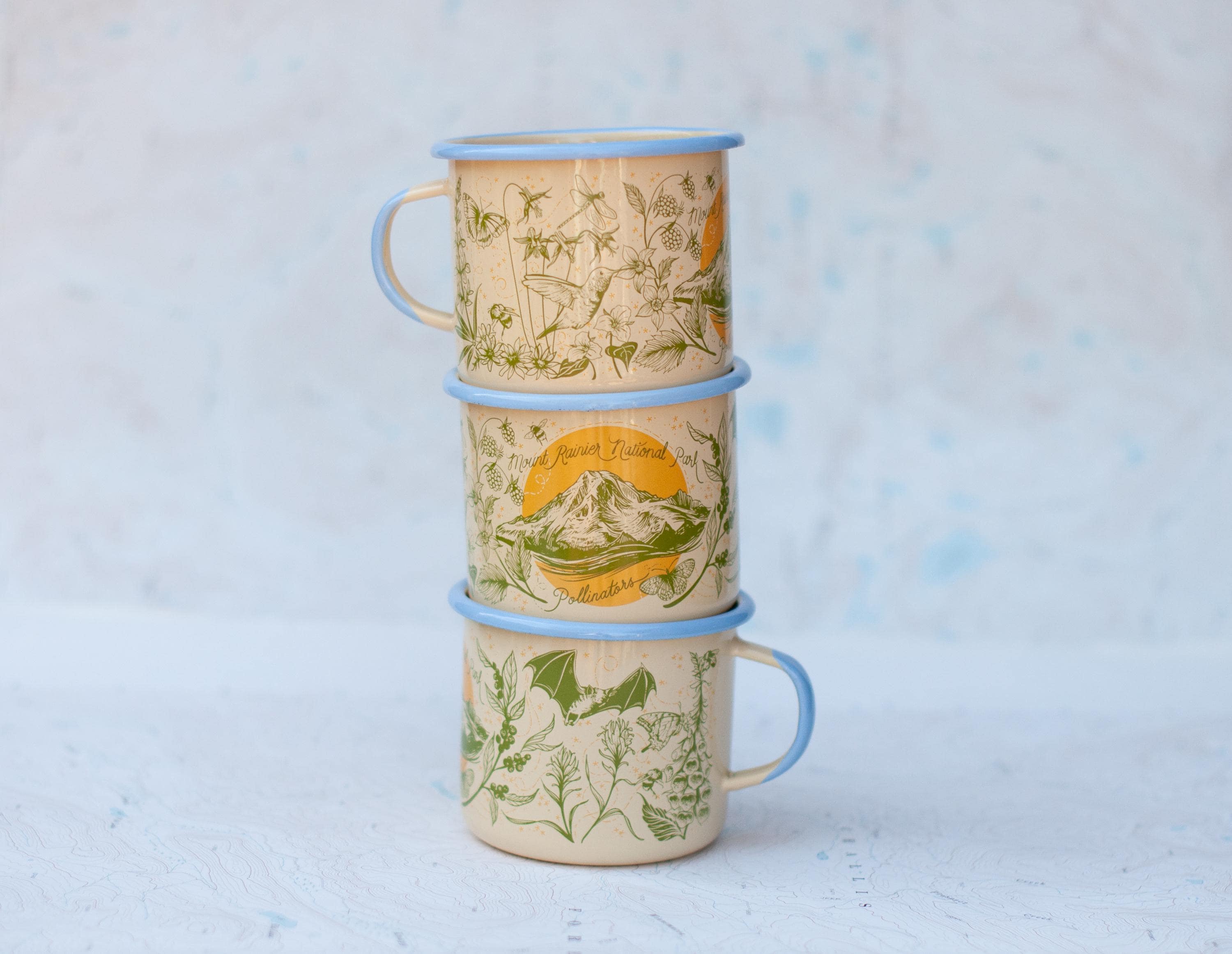 Mt Rainier Pollinator Enamel Camping Mug, Mt Rainier National Park Washington steel mug 16oz PNW camper mug fireproof backpacking coffee cup