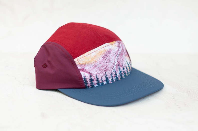 First Light Treeline 5 Panel Hat, quick drying mountain hat, trail running trucker hat, outdoor hiking hat red and blue adjustable skate hat image 1