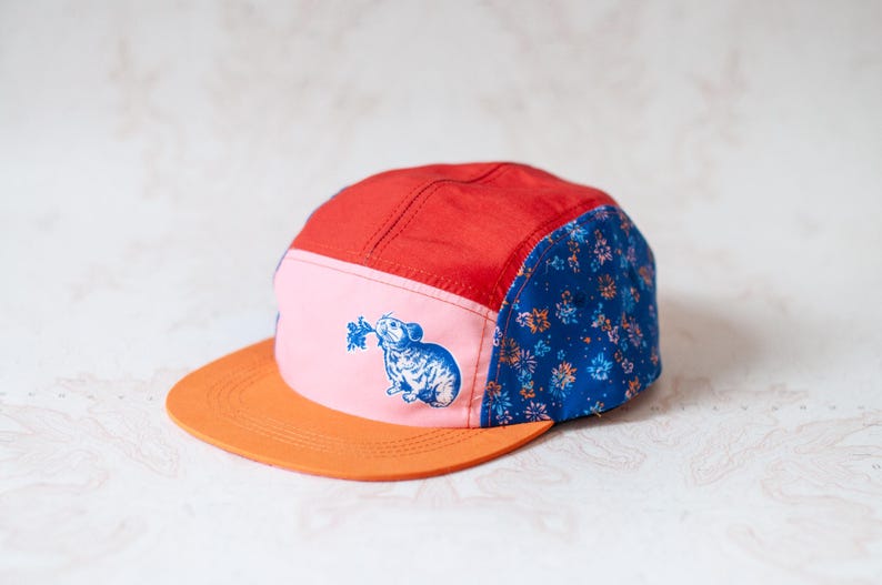 May include: A five-panel cap featuring a red top panel, a light pink front panel with a blue graphic of a small rodent holding a plant, a flat orange brim, and blue side panels decorated with a small, repeating floral pattern in orange and white.
