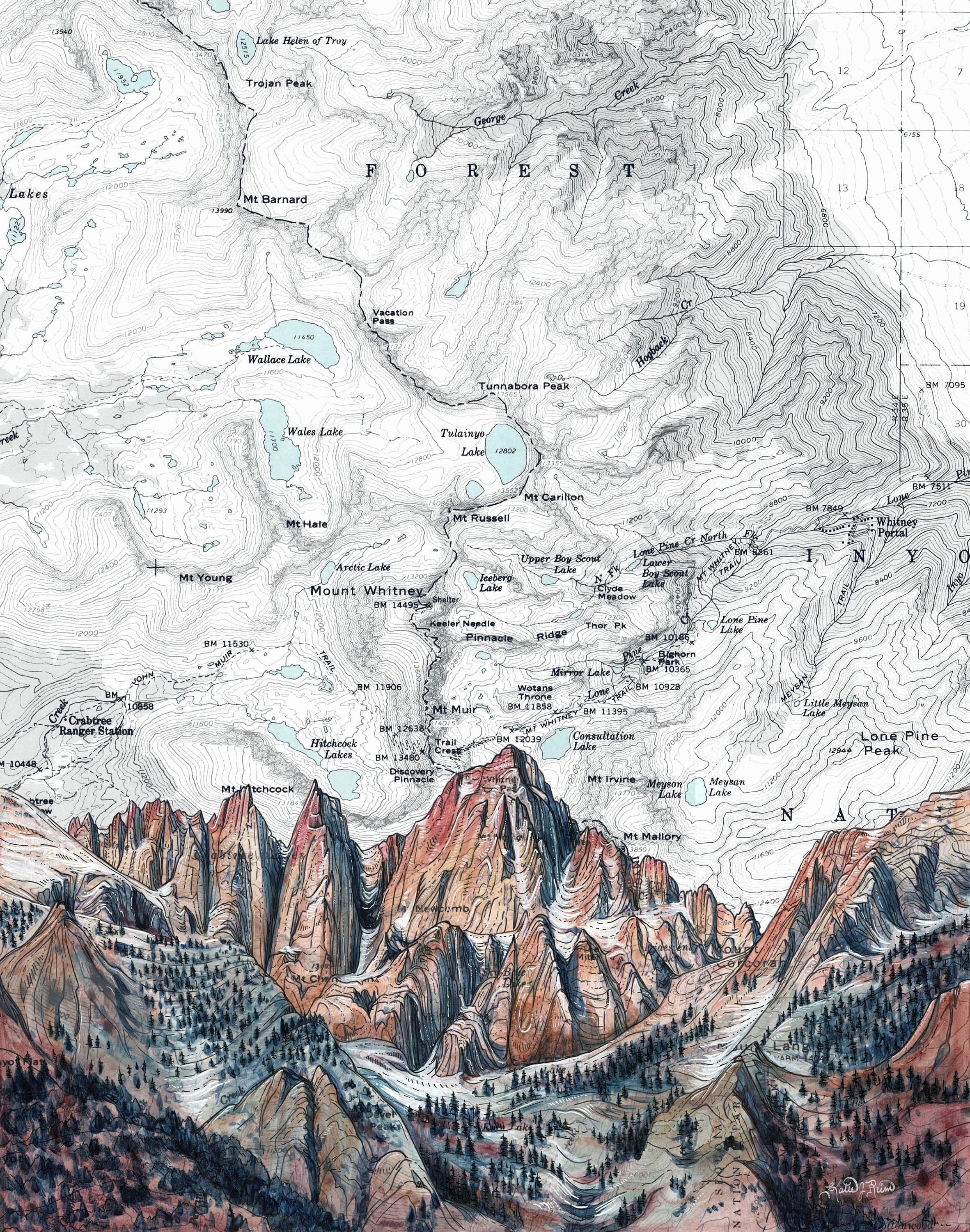 Mt. Whitney Alpenglow Painting: Topography Map Art Print - Etsy