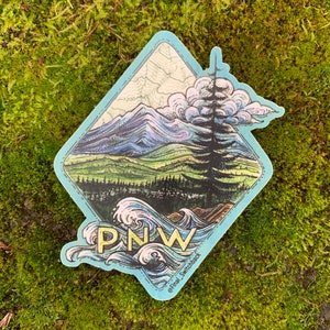 PNW Vinyl Sticker, weatherproof mountain sticker, Pacific Northwest mountain sticker, West Coast sticker image 1