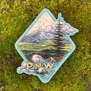 May include: A blue and green diamond-shaped sticker with a mountain range, a pine tree, and waves. The text "PNW" is in yellow letters on the waves. The sticker has the text "@Final_Switchback" in the bottom right corner.