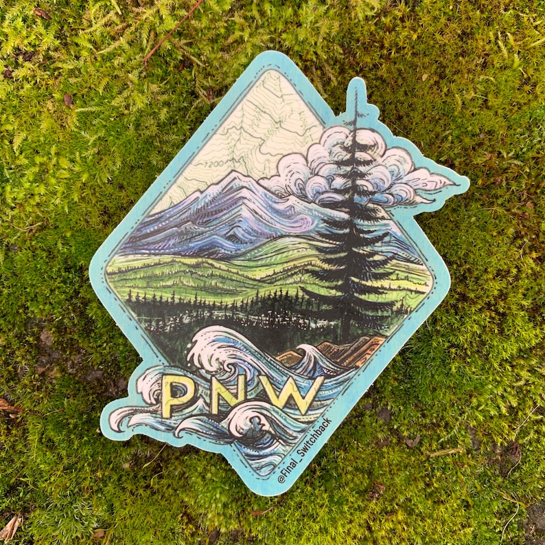 PNW Vinyl Sticker, weatherproof mountain sticker, Pacific Northwest mountain sticker, West Coast sticker image 1