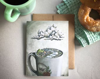 Coffee City Portland Card, Portland coffee greeting card, Portland bridges art card, Portland skyline, Portland illustration mug and rain