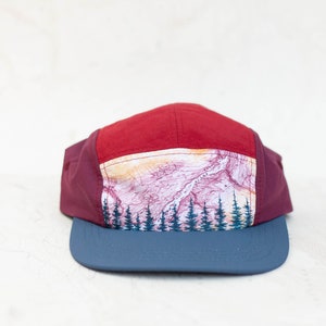 First Light Treeline 5 Panel Hat, quick drying mountain hat, trail running trucker hat, outdoor hiking hat red and blue adjustable skate hat image 2