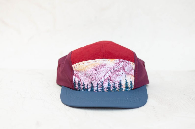 First Light Treeline 5 Panel Hat, quick drying mountain hat, trail running trucker hat, outdoor hiking hat red and blue adjustable skate hat image 2