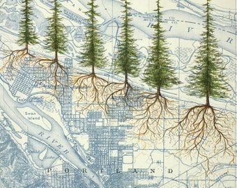 Portland Roots painting on vintage map, Portland city art, Oregon painting print, Portland Heritage Trees