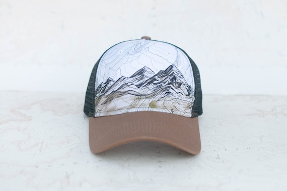 Mountain Range Trucker Hat, Round Brim Trucker Hat, Mountain Layer Flat Hat,  Trail Running Trucker Hat, Outdoor Hiking, Brown Scree Unisex 