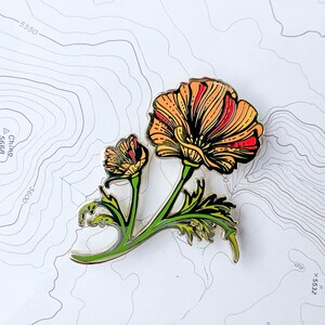 California Poppy Wildflower Enamel Pin, Eschscholzia californica flower hard enamel gold pin, hiker backpacker pin, mountain wilderness image 2