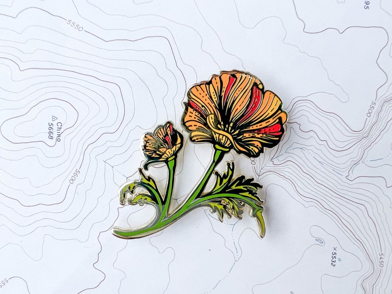 California Poppy Wildflower Enamel Pin, Eschscholzia californica flower hard enamel gold pin, hiker backpacker pin, mountain wilderness image 2
