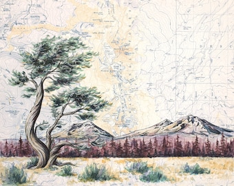 Three Sisters Oregon Print: Dusk Mountain Painting on Topography Map