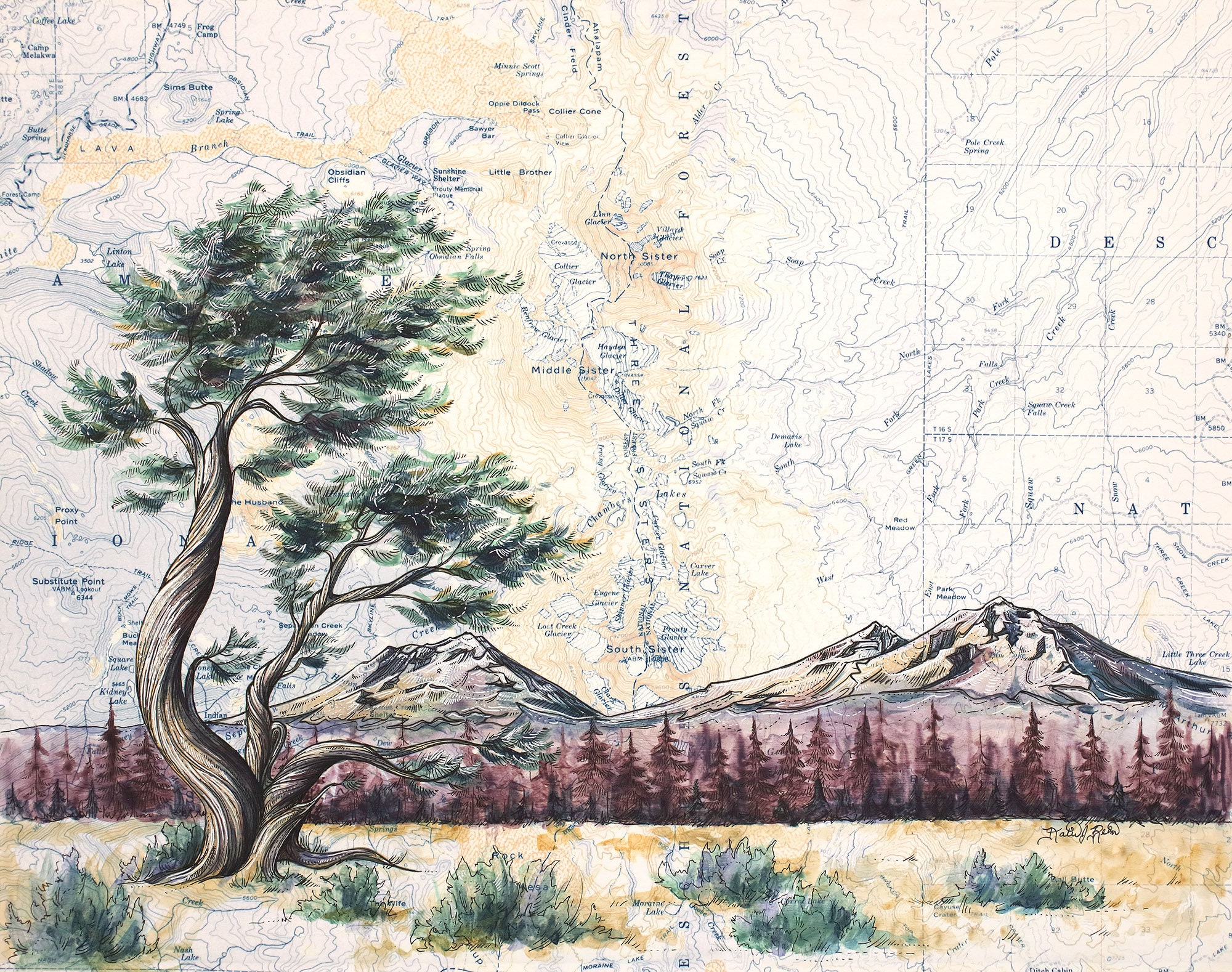 Three Sisters Oregon Print: Dusk Mountain Painting on Topography Map