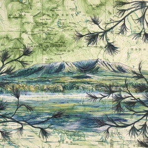 May include: A watercolor painting of a mountain range with a lake in the foreground. The mountain range is green and blue, and the lake is a light blue. The painting is framed by pine branches.