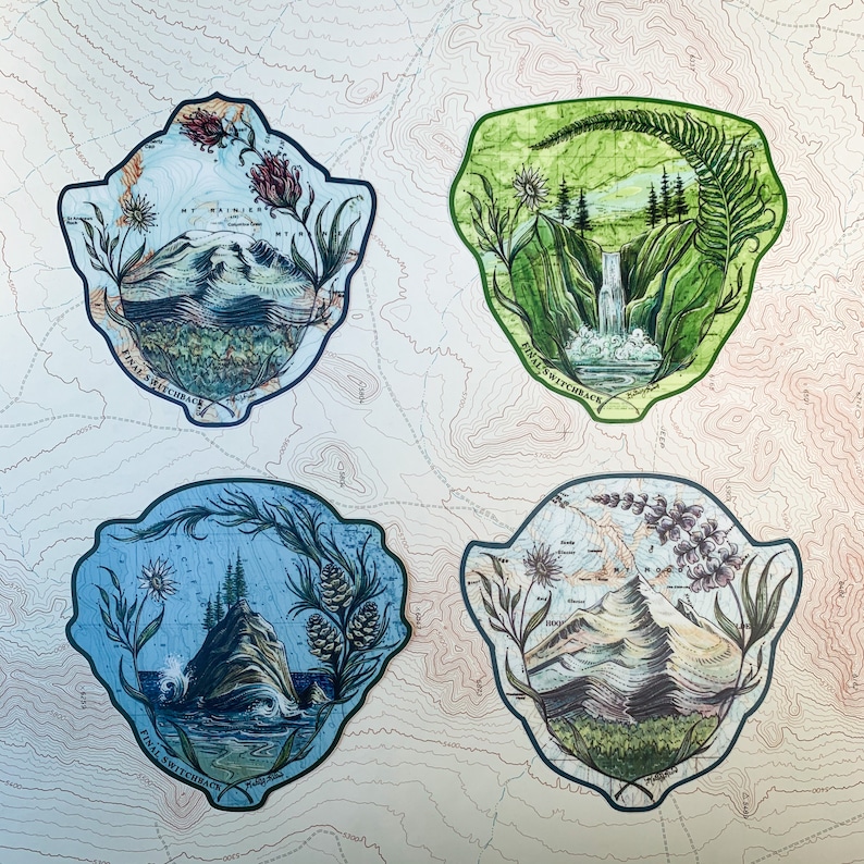 May include: Four illustrated stickers with a nature theme. Each sticker features a different landscape scene with a blue, green, or brown background. The stickers are shaped like a teardrop and have the text "Final Switchback" at the bottom.