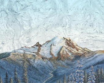 Mt Rainier Silver Forest Print: Topographic Map Painting