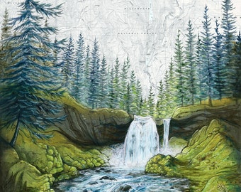 May include: A watercolor painting of a waterfall cascading down a rocky cliff into a rushing river. Lush green foliage surrounds the waterfall and river, with tall evergreen trees in the background. The painting is reminiscent of a map with faint lines and markings.