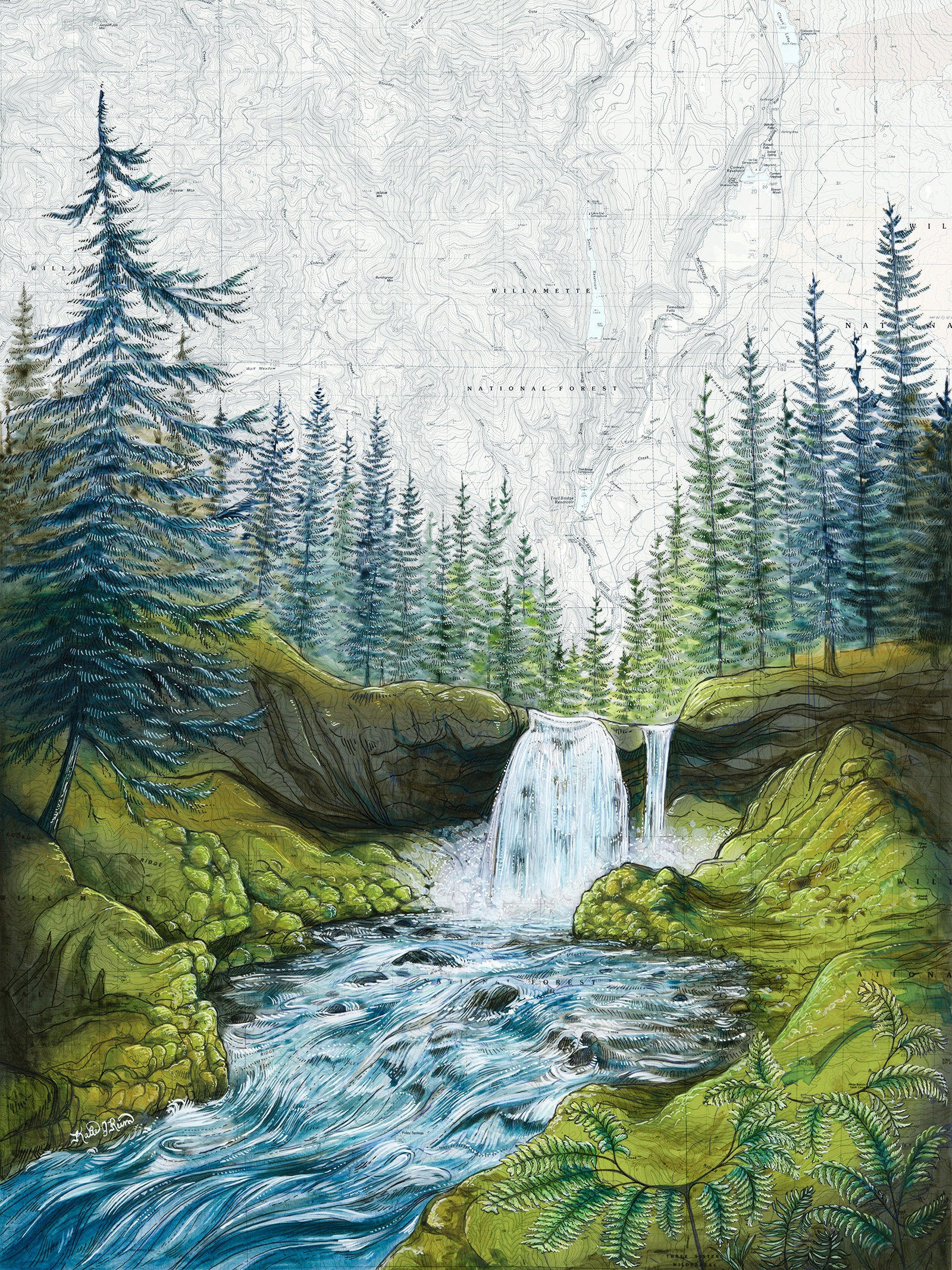 Sahalie Falls, Mckenzie River Painting: Oregon Topography Map Art