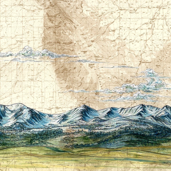 Bridger Range Art, Bridgers Montana painting print illustration, Montana mountain print, hiker wilderness Bozeman map art