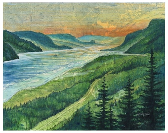 Columbia River Gorge painting print, Gorge Sunset, Oregon hiking print, Portland art, Multnomah Falls, Oneonta Falls, Horsetail Falls