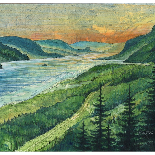 Columbia River Gorge painting print, Gorge Sunset, Oregon hiking print, Portland art, Multnomah Falls, Oneonta Falls, Horsetail Falls