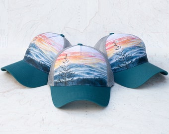 Mountain Layer Sunset Trucker Hat, Round brim trucker hat, sunrise Smoky Mountains hat, trail running trucker hat