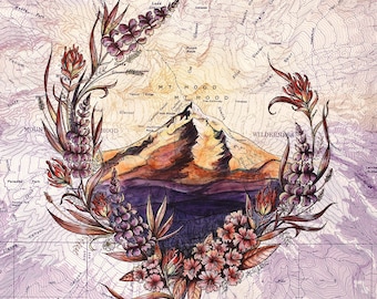 May include: A watercolor painting of Mount Hood, Oregon, surrounded by a wreath of purple, pink, and red wildflowers. The mountain is depicted in shades of brown and orange, with a dark blue background. The painting is set against a vintage map of the Mount Hood Wilderness area.
