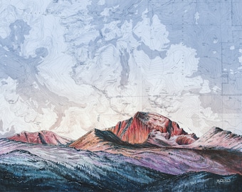 Arte de Longs Peak, impresión de pintura del Parque Nacional de las Montañas Rocosas de Colorado, impresión de la naturaleza de Colorado, arte de senderismo de montaña excursionista, arte de mapas de la naturaleza